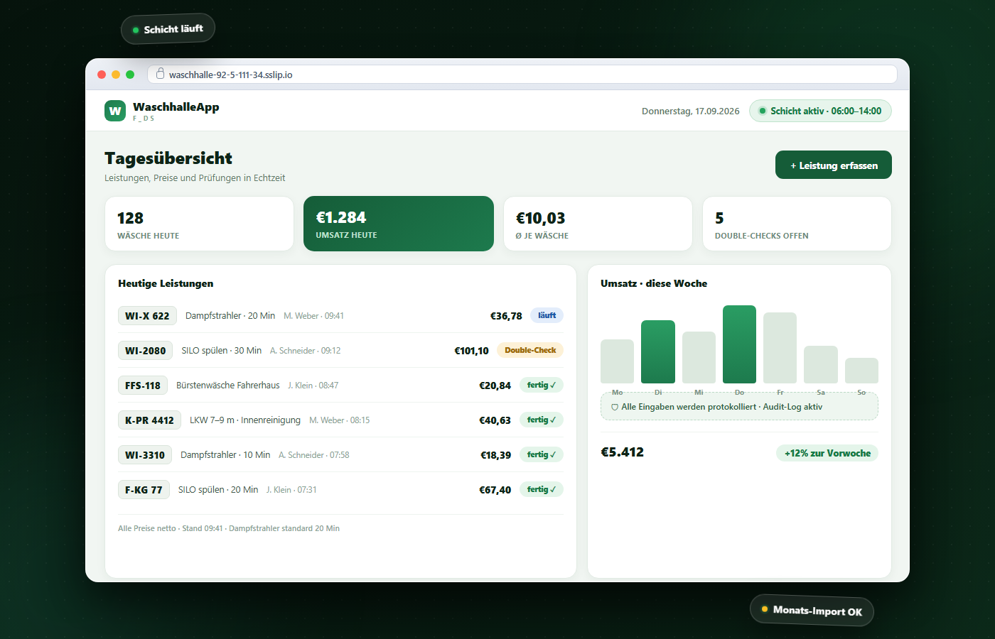 Washhalle operations dashboard